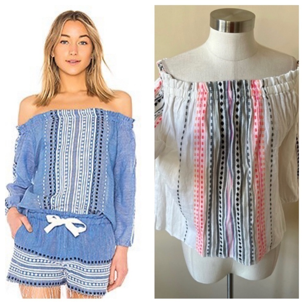 New! LemLem Izara rustic embroidered woven off the shoulder blouse 13676